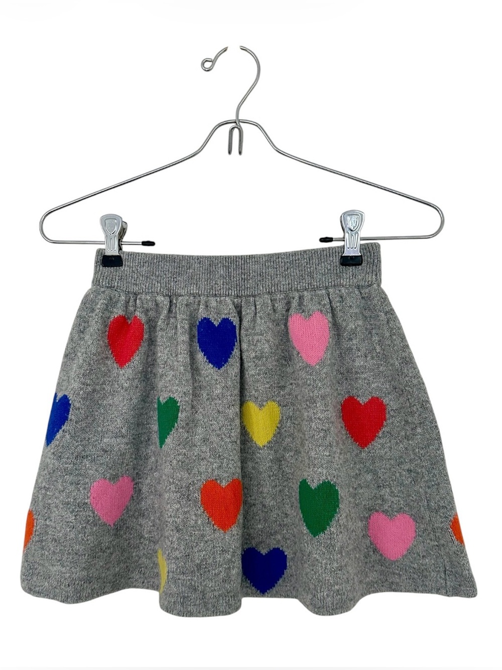 Mini Boden Girls Gray Knit Skirt Colorful Heart Print Size 7-8Y